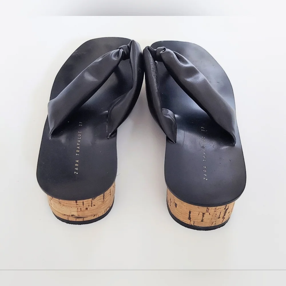 Zara Open Thong Sandal Clogs Cork Sole Black Shoes Size 37 - Picture 2 of 6